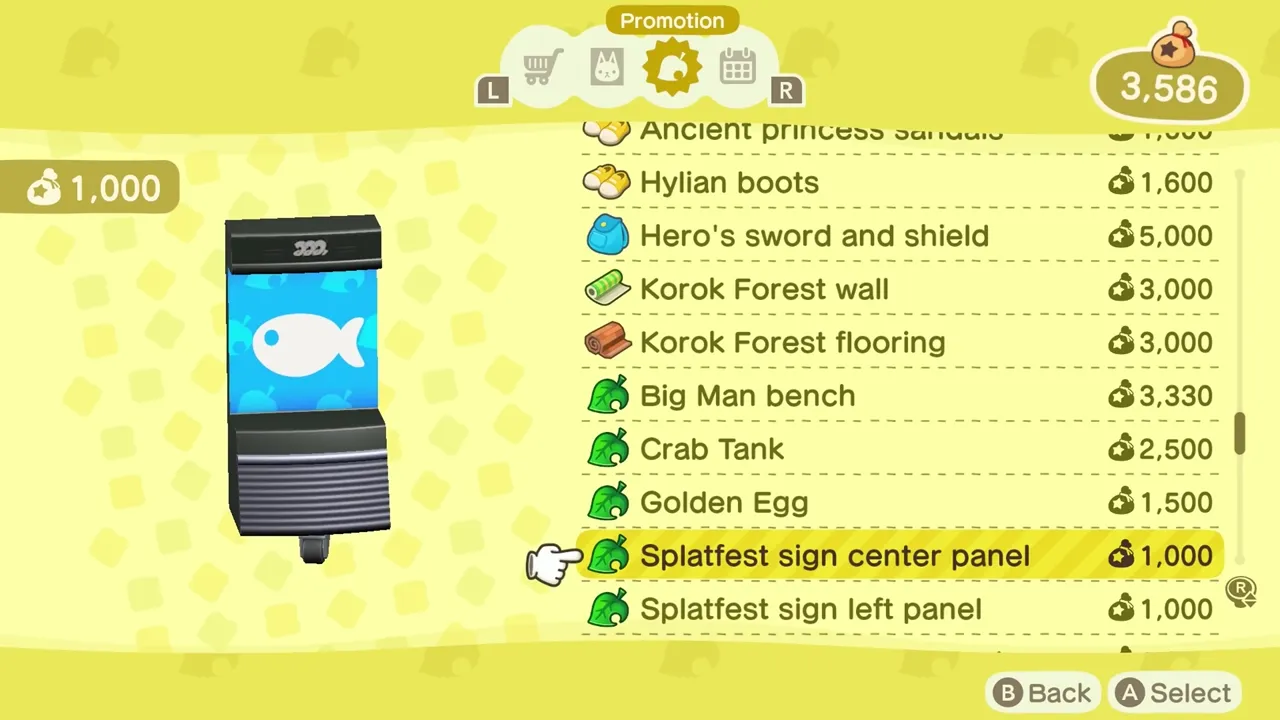 Splatoon promotional items in Animal Crossing New Horizons Nook Shopping