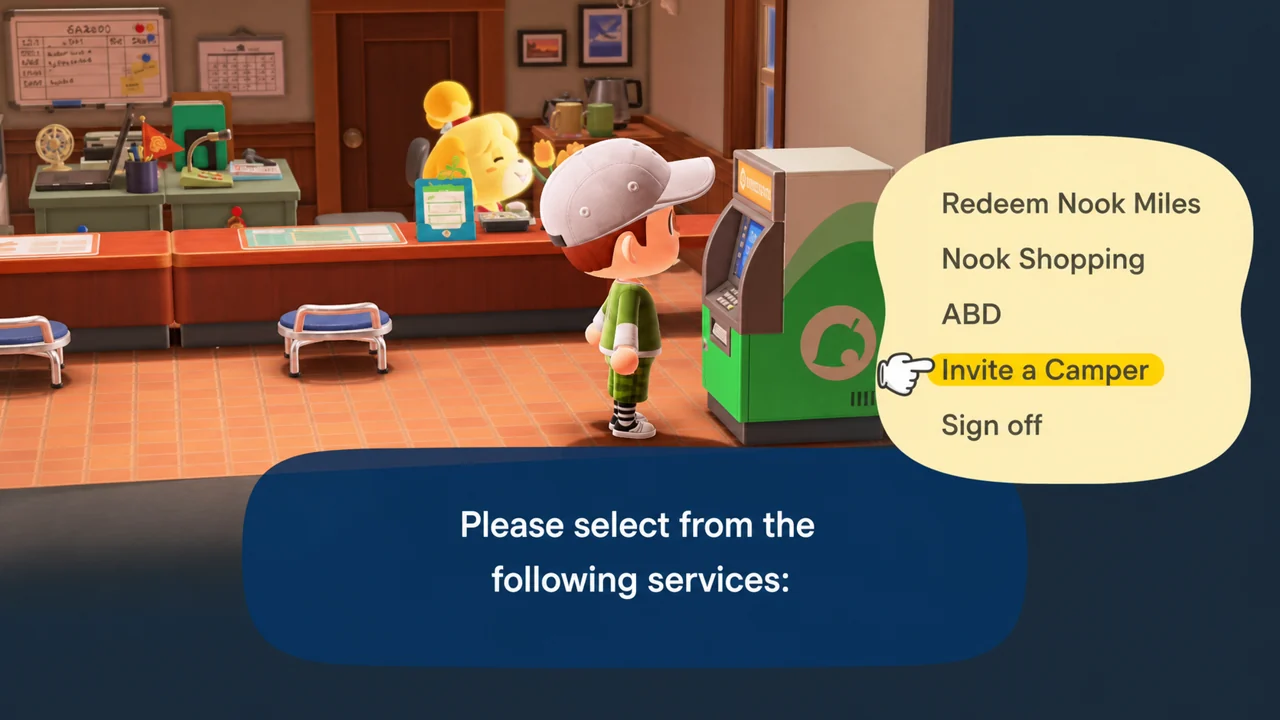 Nook Stop menu showing the Invite a Camper option