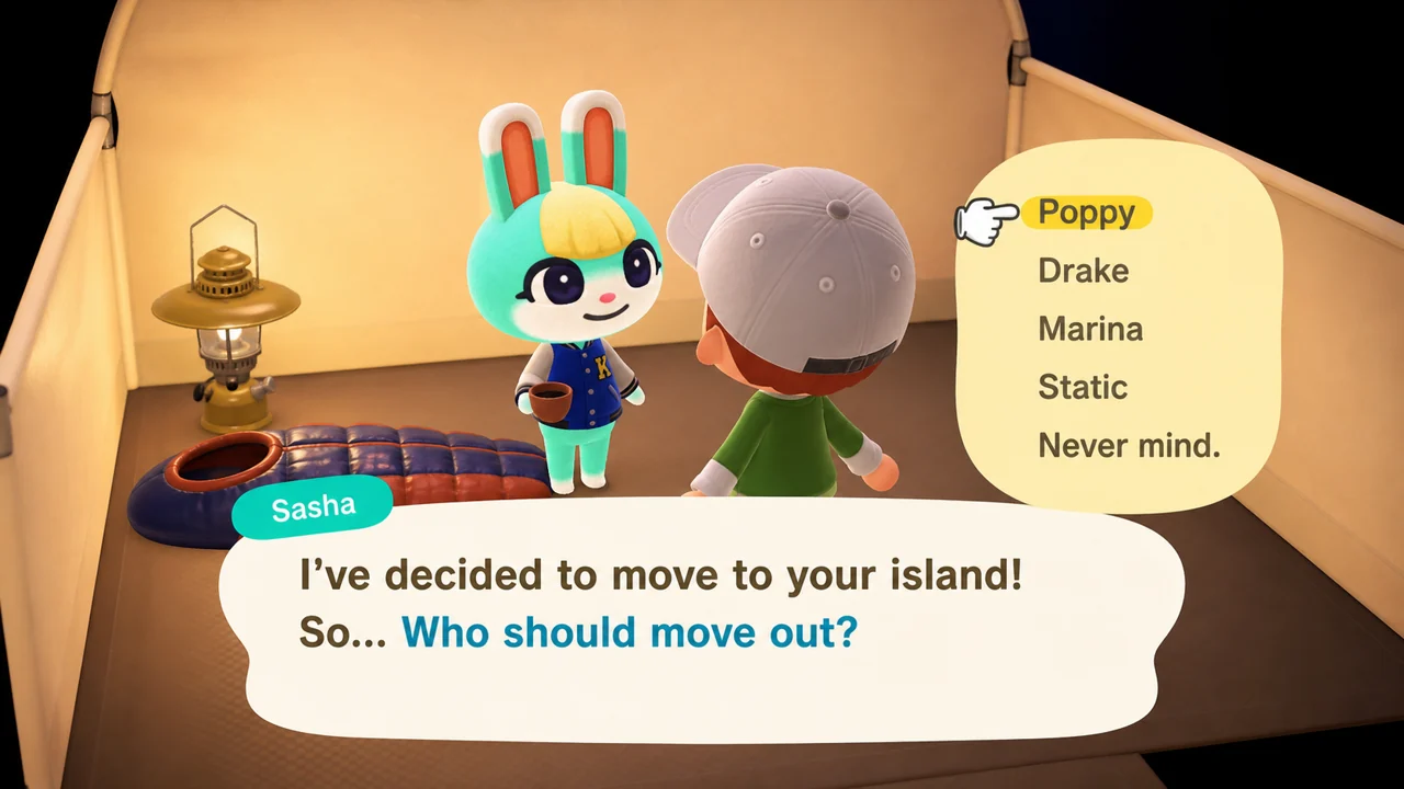 Amiibo camper replacement choice screen when the island is full